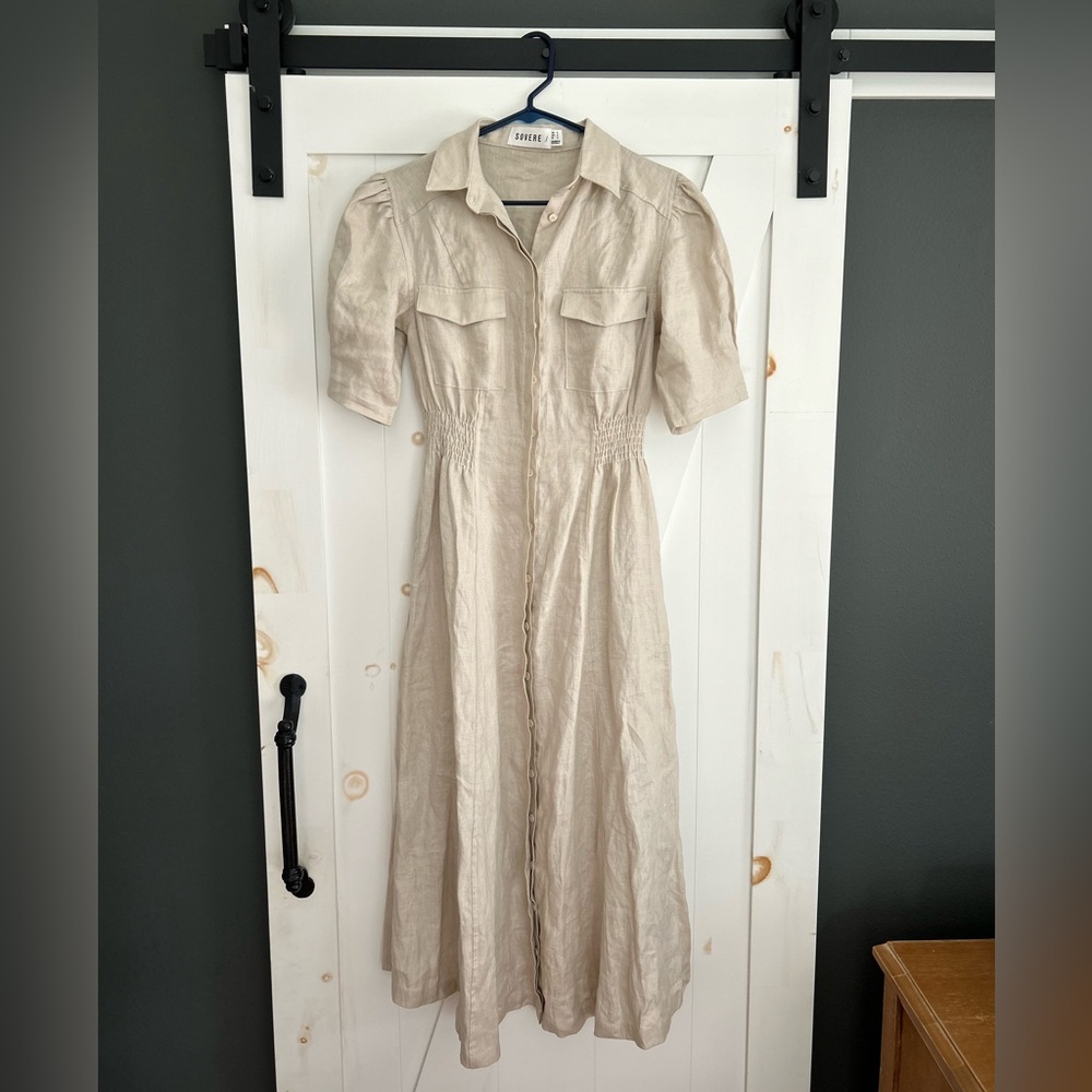 SOVERE Anthropologie linen puff sleeve button down midi dress w pockets